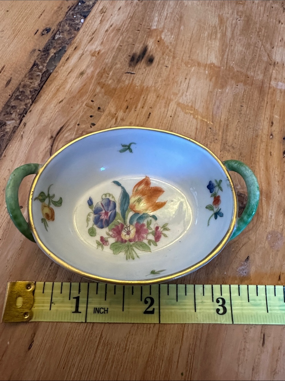 Herend Hand-Painted Floral Porcelain Two-Handled Dish with Gold Trim